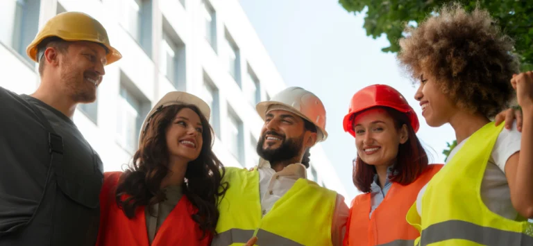 Equipe com coletes e capacetes de segurança sorri reunida em canteiro de obras, com prédios ao fundo em ângulo baixo.